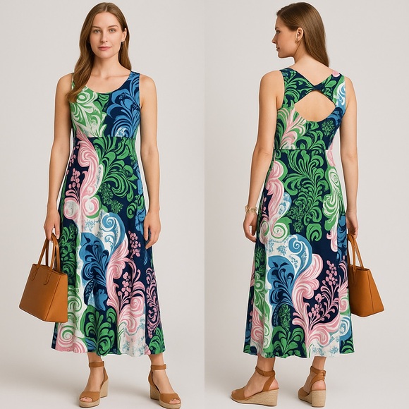NWOT Talbots Paisley Floral Maxi Dress Sleeveless Medium Petite Cut Out Back - Picture 1 of 7